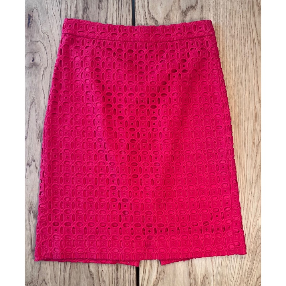 J.Crew No. 2 Pencil Skirt Women 00 Red Eyelet Lace‎ Cotton Career Preppy 69832